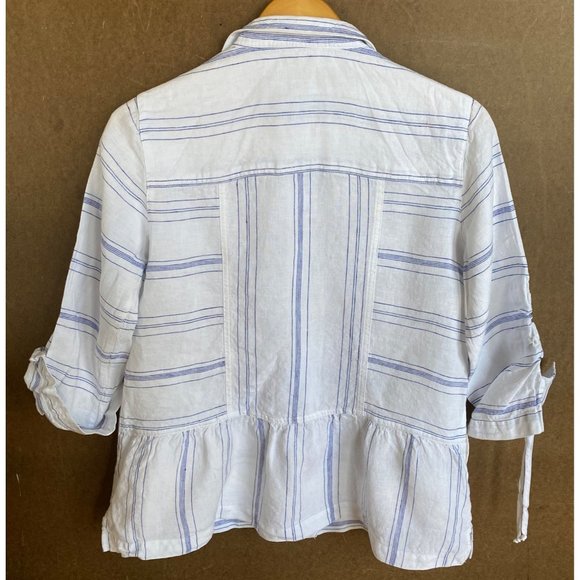 size‎ S John Mark linen white/blue striped button blouse cinch 3/4 sleeve - Picture 2 of 8